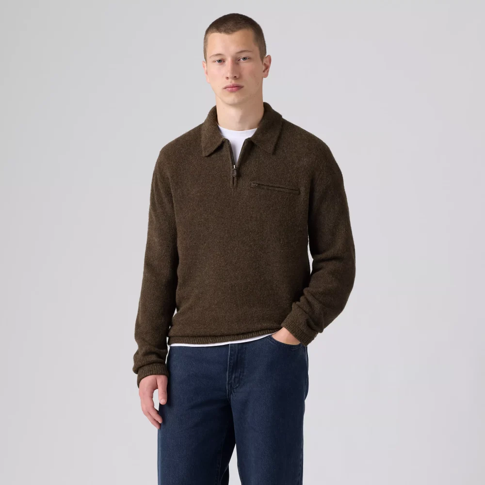 Levis Boulder Quarter Zip Sweater Hot Fudge Heather Novelty Stitch